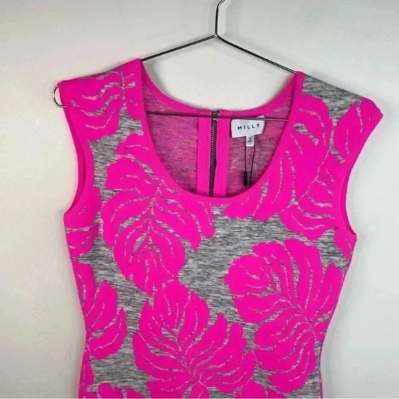 Milly Neon Pink and Gray Tropical Knit Sleeveless Sheath‎ Dress - Picture 4 of 9